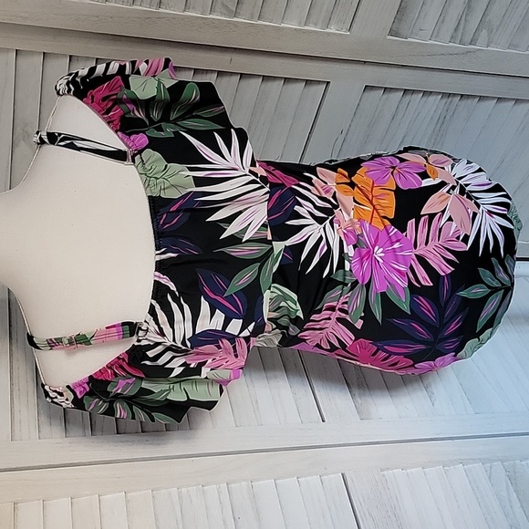 Off The Shoulder Black Tropical Print Tummy Control Waist Mininizer Swimsuit - Picture 5 of 15